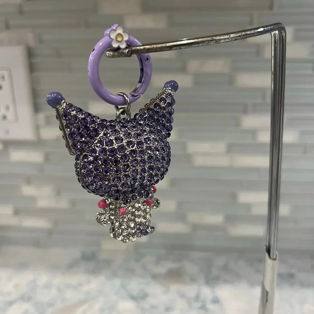 Kuromi Sanrio Licensed Rhinestone 3D Keychain Clip-On Bag Charm Purple Bling